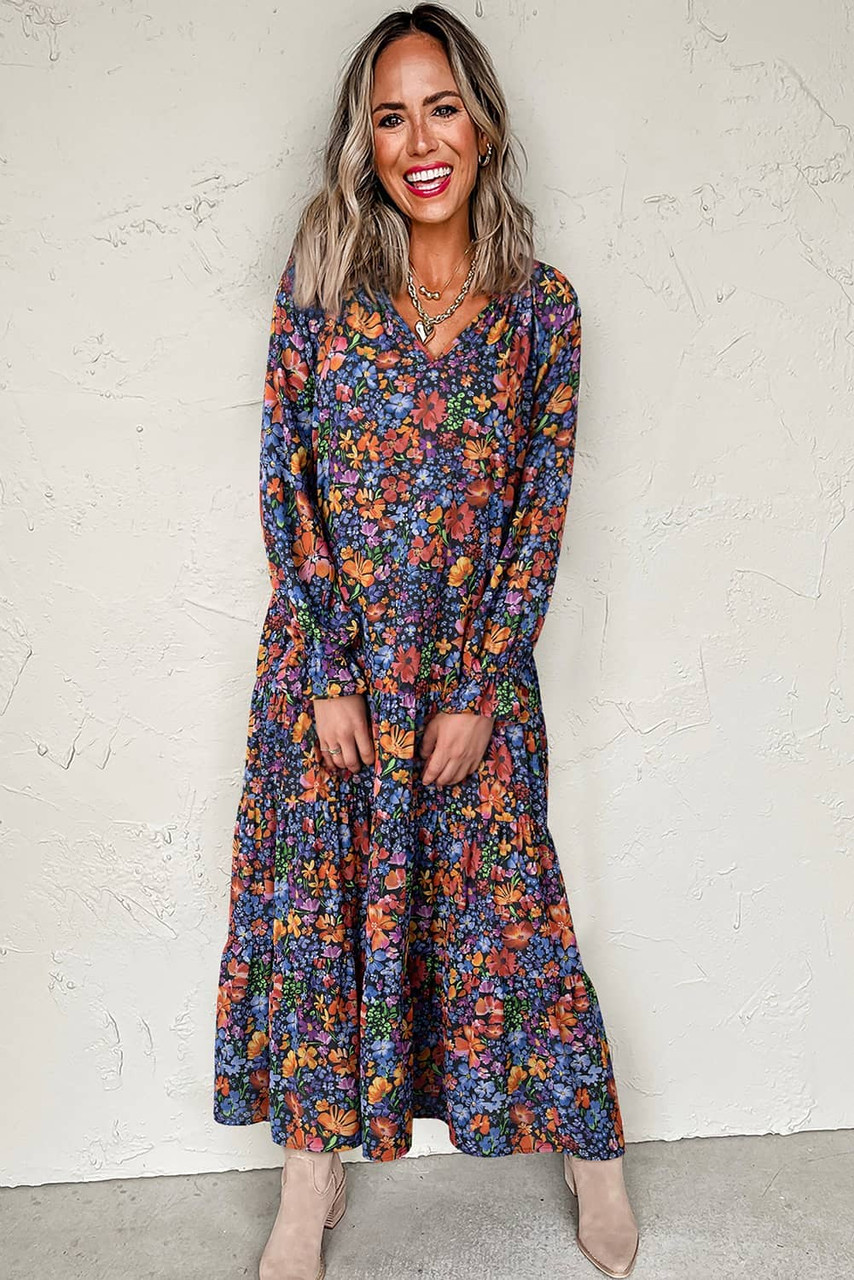 Blue Floral Print Tassel Tie V Neck Long Sleeve Flowy Long Dress Blue Floral Print Tassel Tie V Neck Long Sleeve Flowy Long Dress