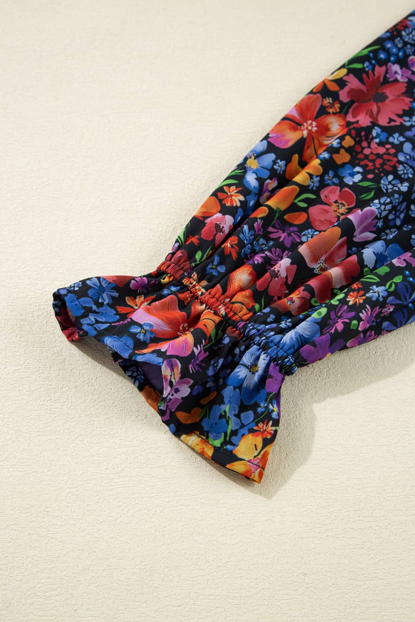 Blue Floral Print Tassel Tie V Neck Long Sleeve Flowy Long Dress Blue Floral Print Tassel Tie V Neck Long Sleeve Flowy Long Dress