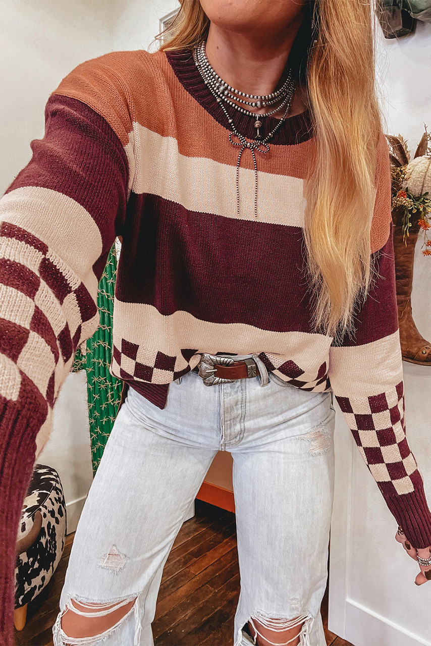 Brown Checkered Color Block Knitted Drop Shoulder Sweater