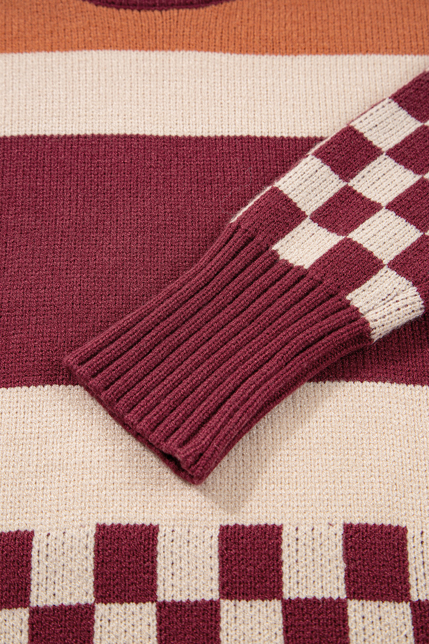 Brown Checkered Color Block Knitted Drop Shoulder Sweater