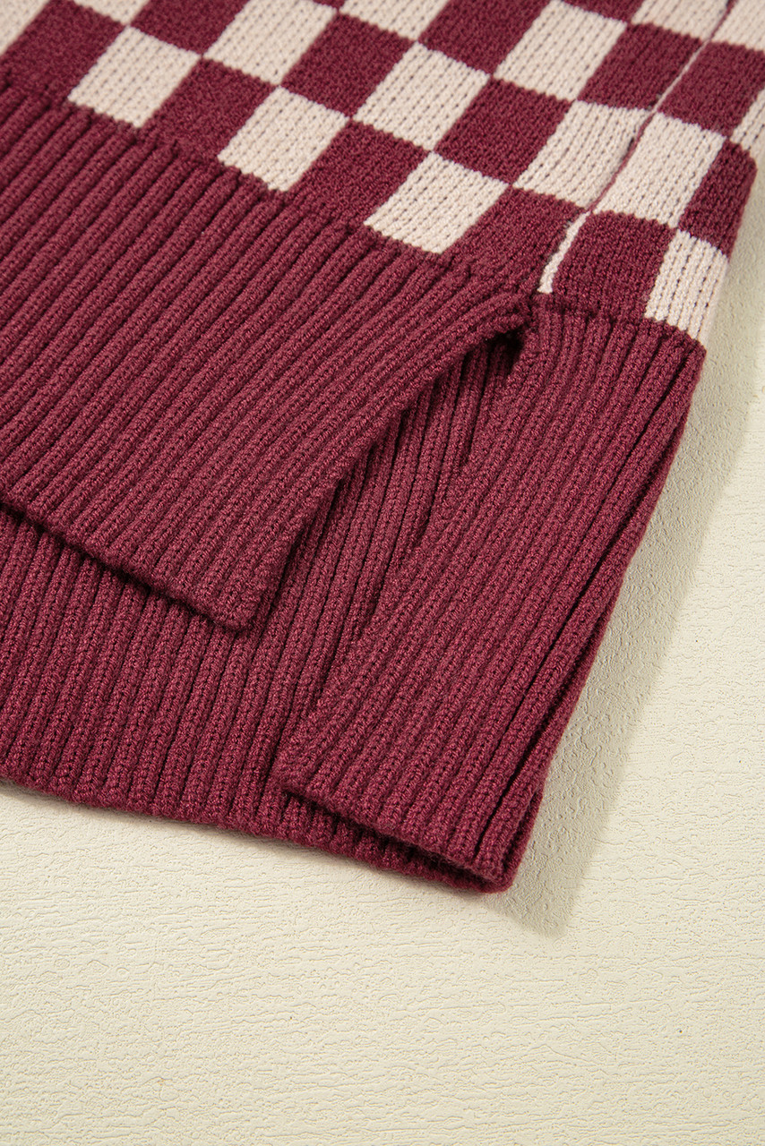 Brown Checkered Color Block Knitted Drop Shoulder Sweater