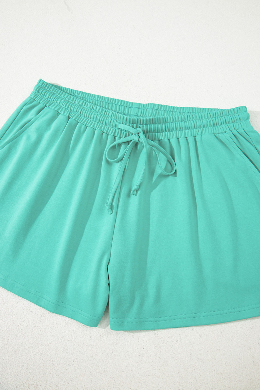 Sea Green Drop Shoulder V Neck Pullover Top and Drawstring Short Plus Size Set
