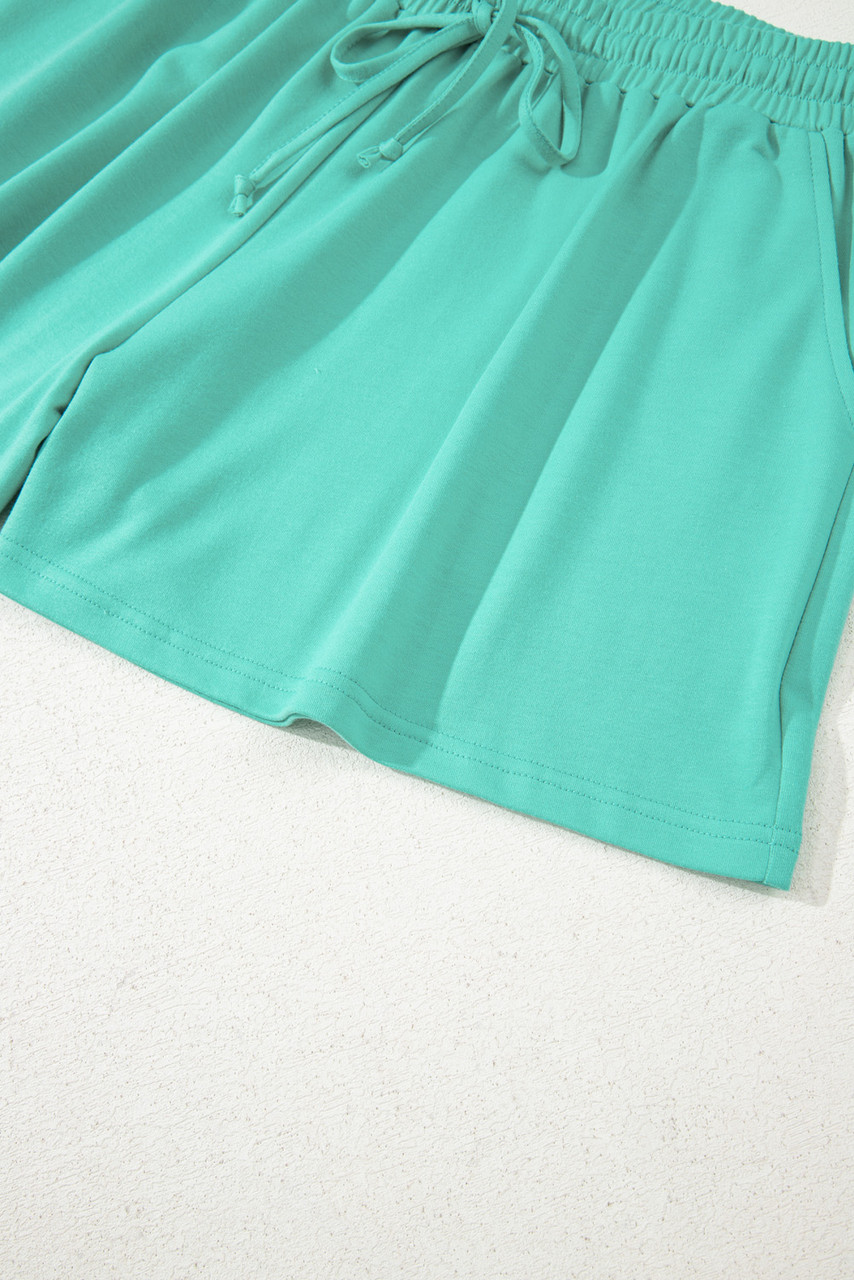Sea Green Drop Shoulder V Neck Pullover Top and Drawstring Short Plus Size Set