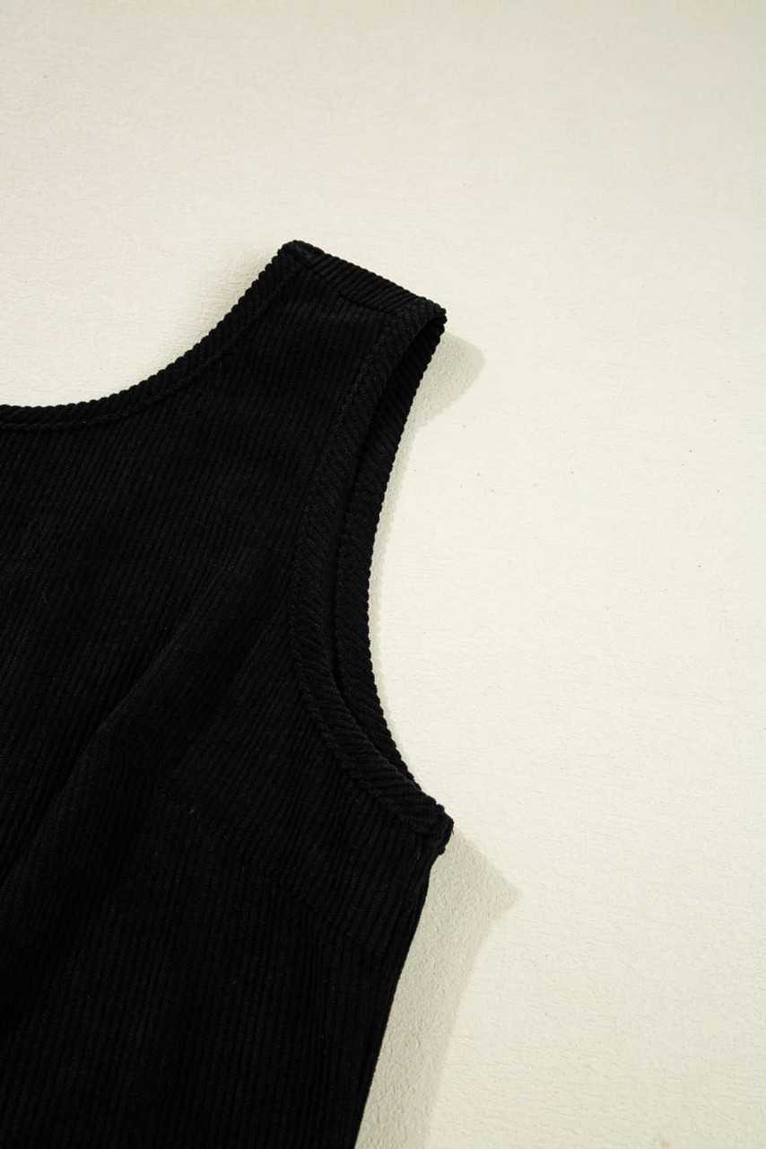 Black Corduroy Sleeveless Mini Dress With Patched Pockets