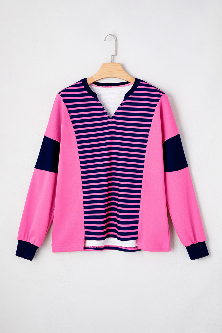Pink Stripe Color Block V Neck Loose Fit Long Sleeve Top