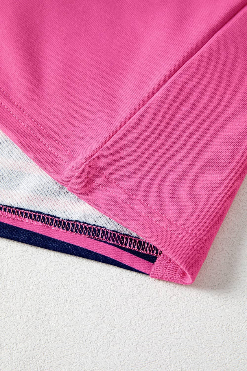 Pink Stripe Color Block V Neck Loose Fit Long Sleeve Top