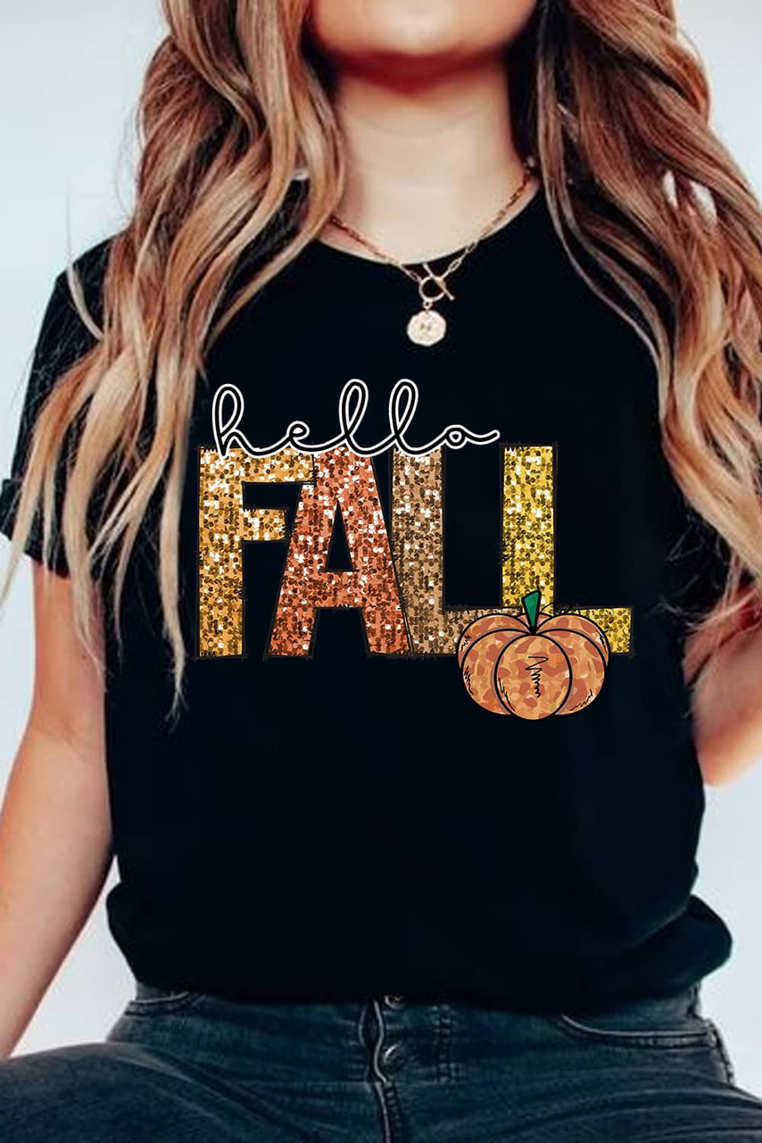 Black Hello Fall Letter Pumpkin Printed Thanksgiving T Shirt