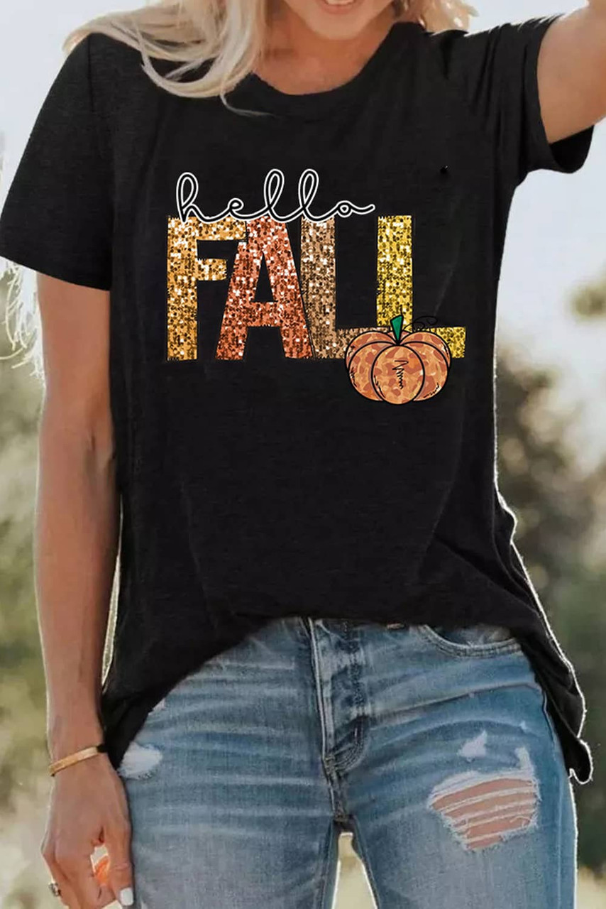 Black Hello Fall Letter Pumpkin Printed Thanksgiving T Shirt