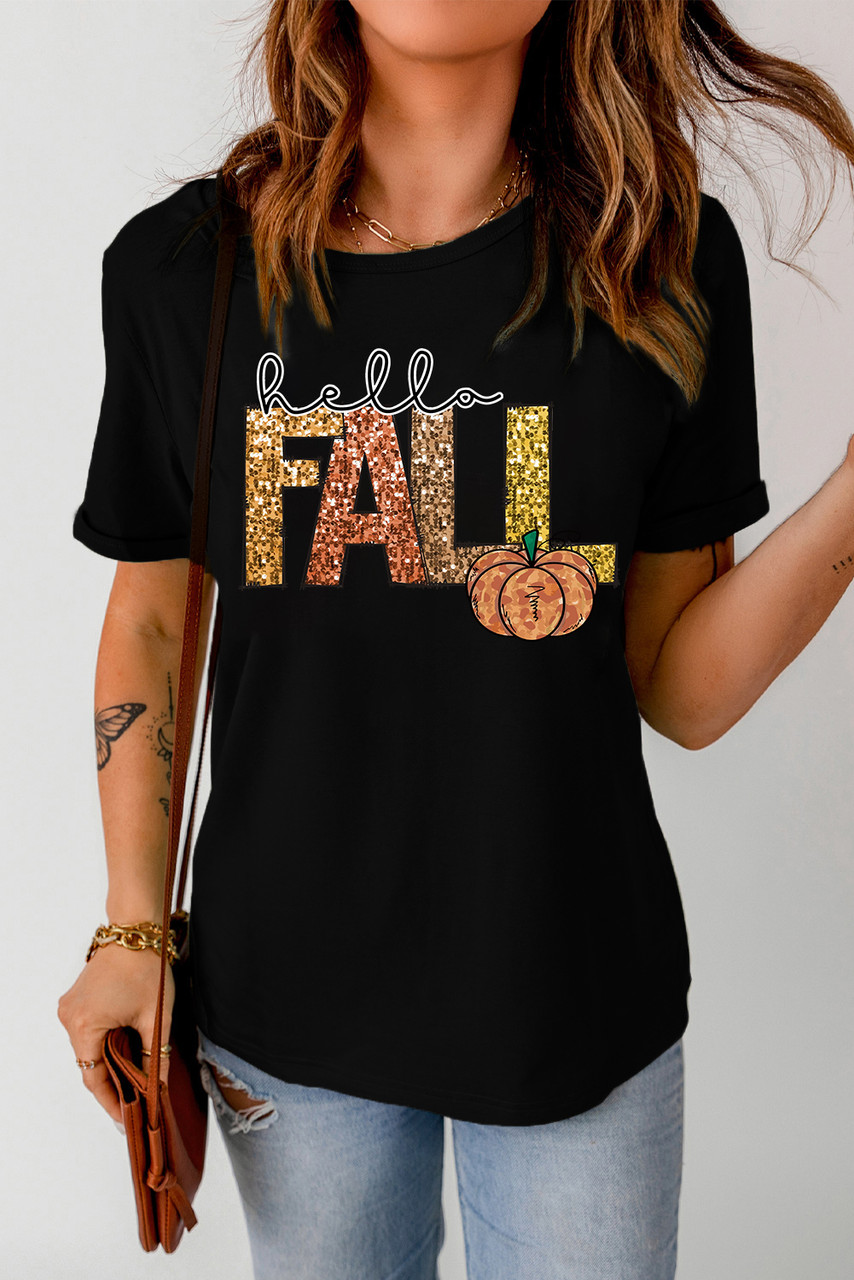 Black Hello Fall Letter Pumpkin Printed Thanksgiving T Shirt