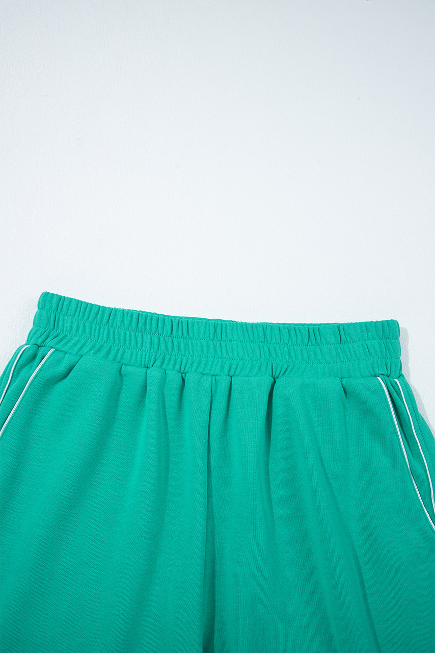 Dark Green Colorblock Trim V Neck Pullover Top and Shorts Set