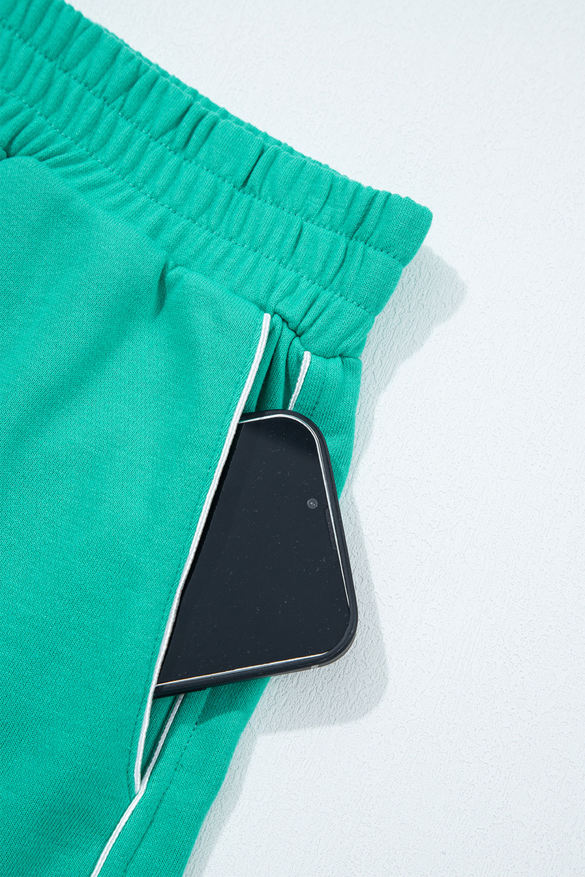 Dark Green Colorblock Trim V Neck Pullover Top and Shorts Set