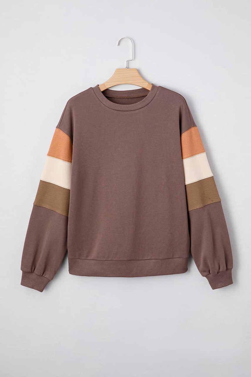 Dark Khaki Color Block Drop Shoulder Pullover Casual Sweatshirt