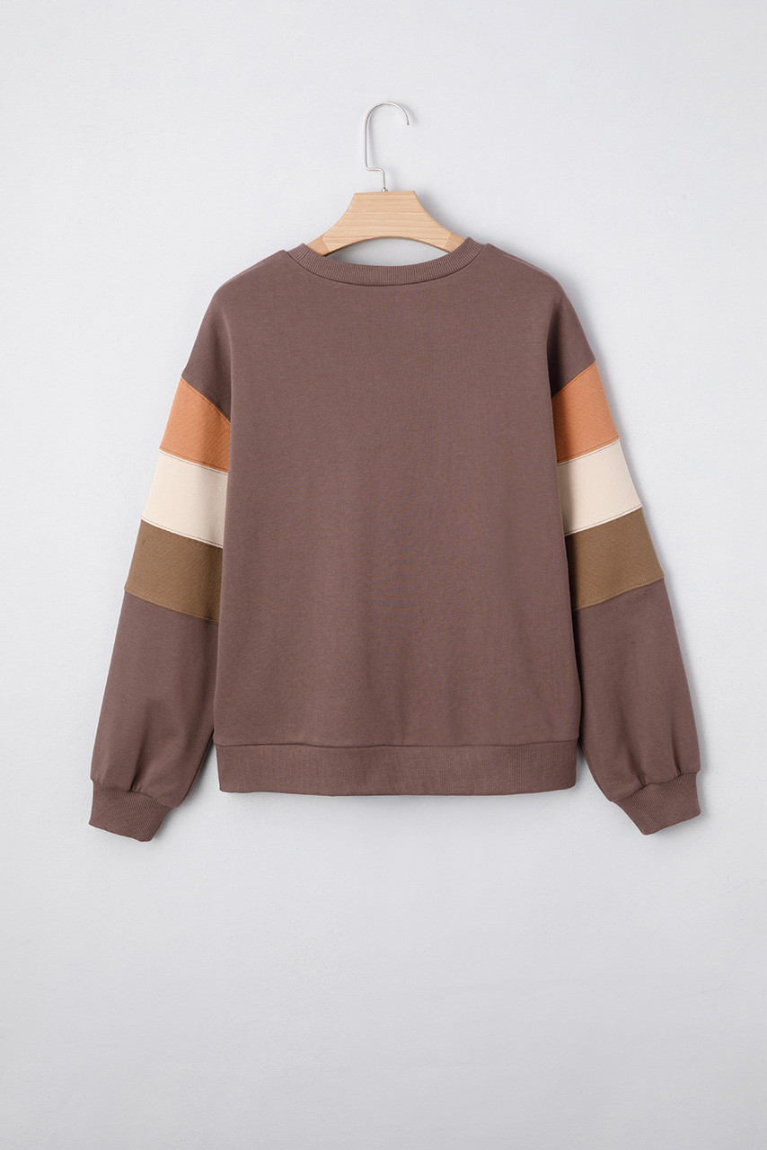 Dark Khaki Color Block Drop Shoulder Pullover Casual Sweatshirt