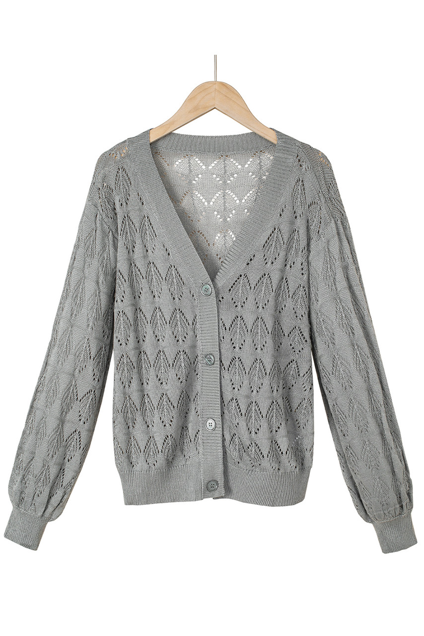Gray Lightweight Buttoned Front Crochet Cardigan