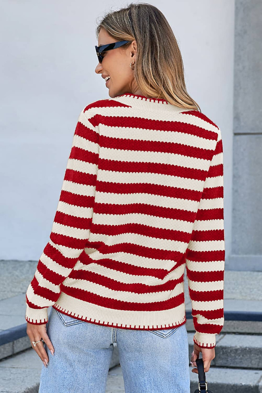 Red Stripe Chic Golden Button Cardigan Sweater