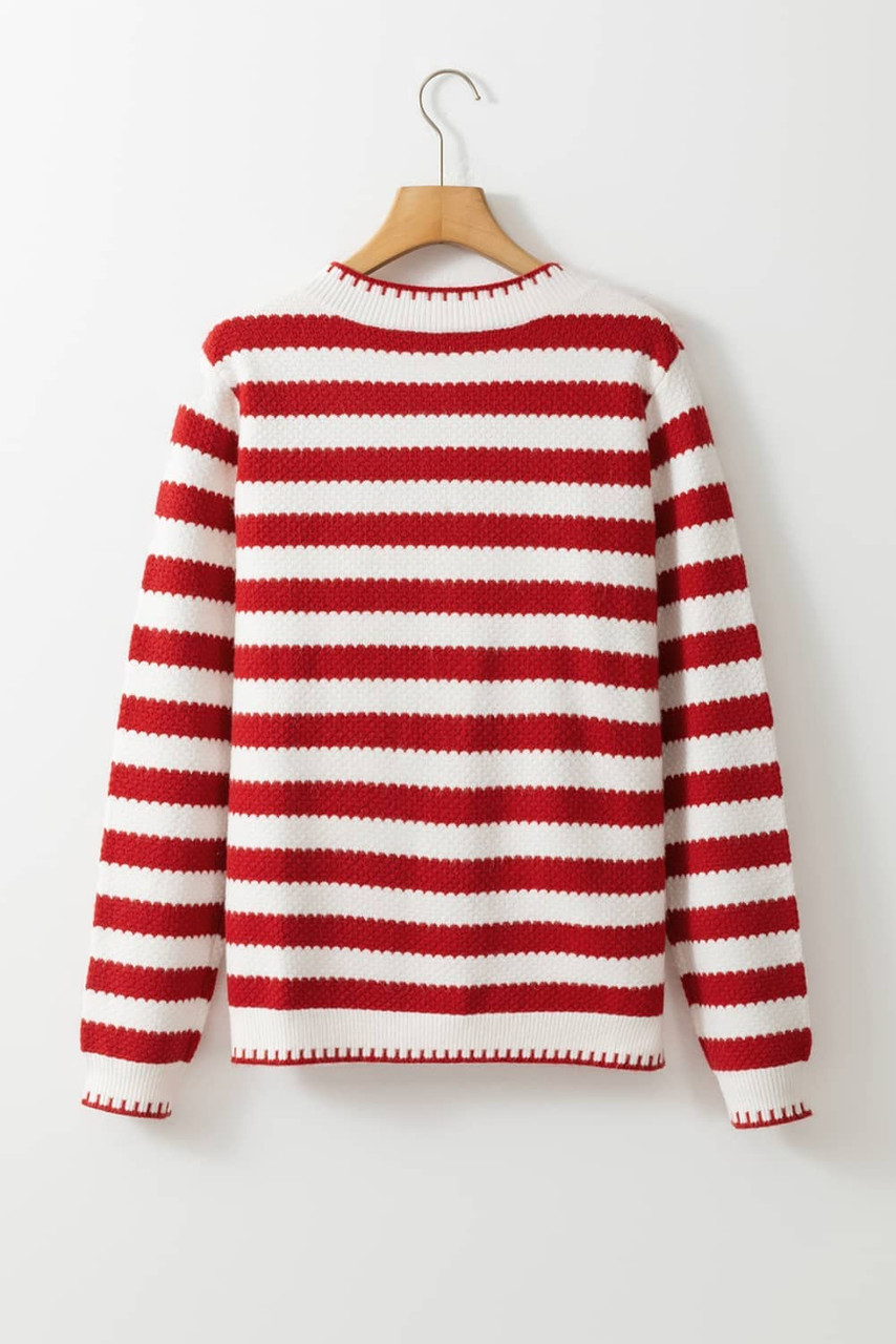Red Stripe Chic Golden Button Cardigan Sweater