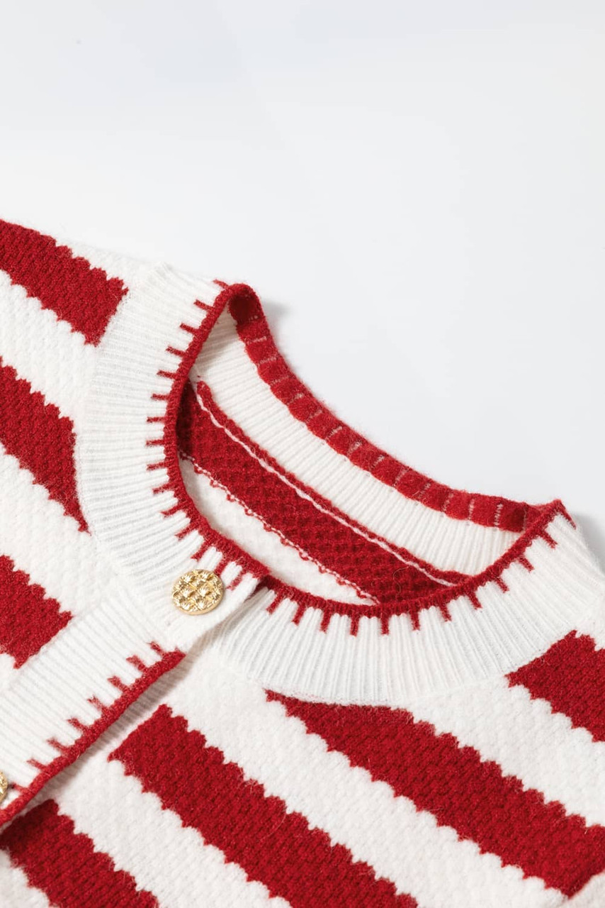 Red Stripe Chic Golden Button Cardigan Sweater