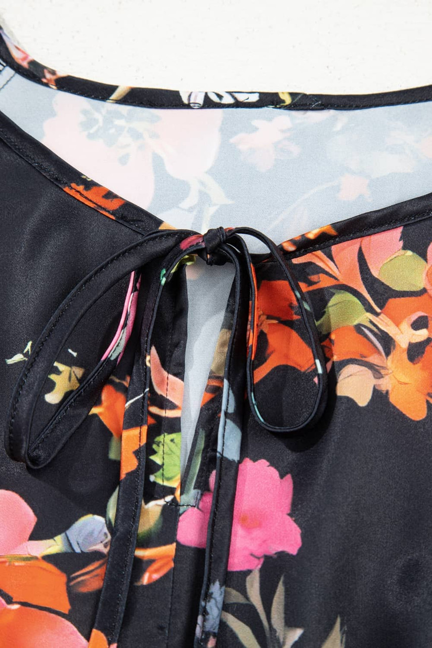 Black Plus Size Floral Print Tie Neck Cinched Waist Long Sleeve Mini Dress