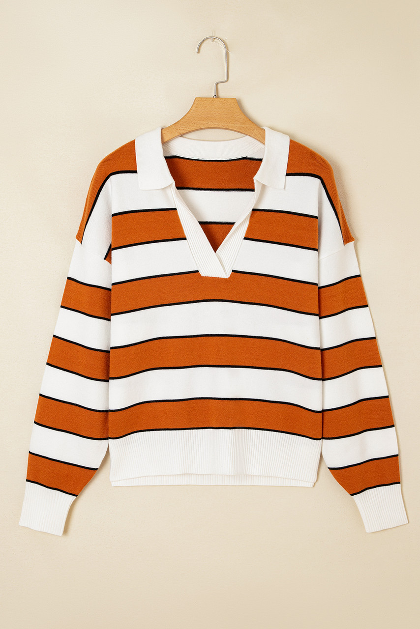 Brown Stripe Ribbed Polo Collar Drop Shoulder Sweater