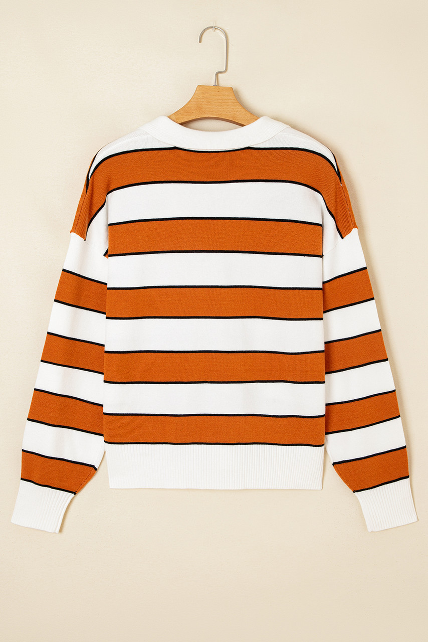 Brown Stripe Ribbed Polo Collar Drop Shoulder Sweater