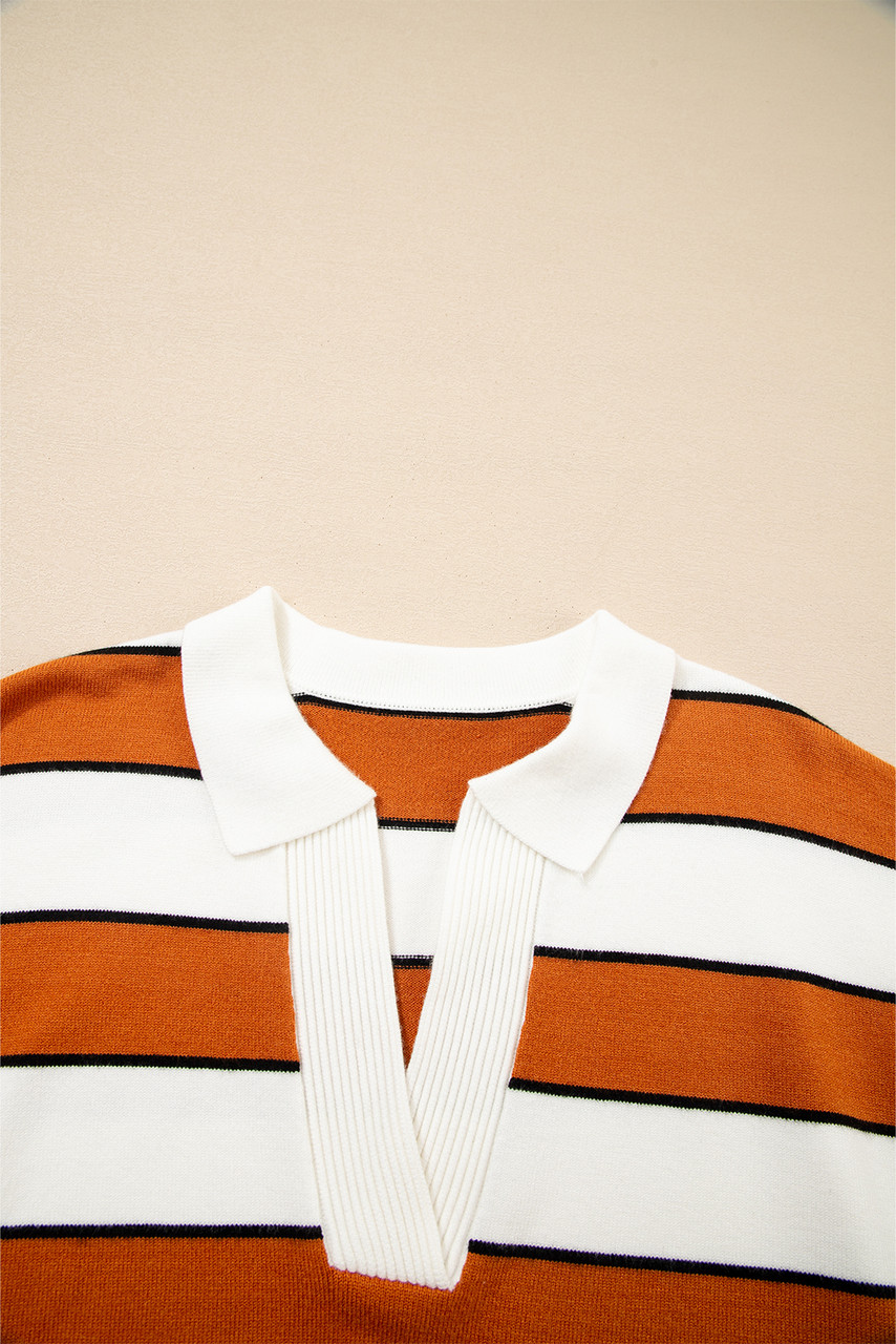 Brown Stripe Ribbed Polo Collar Drop Shoulder Sweater