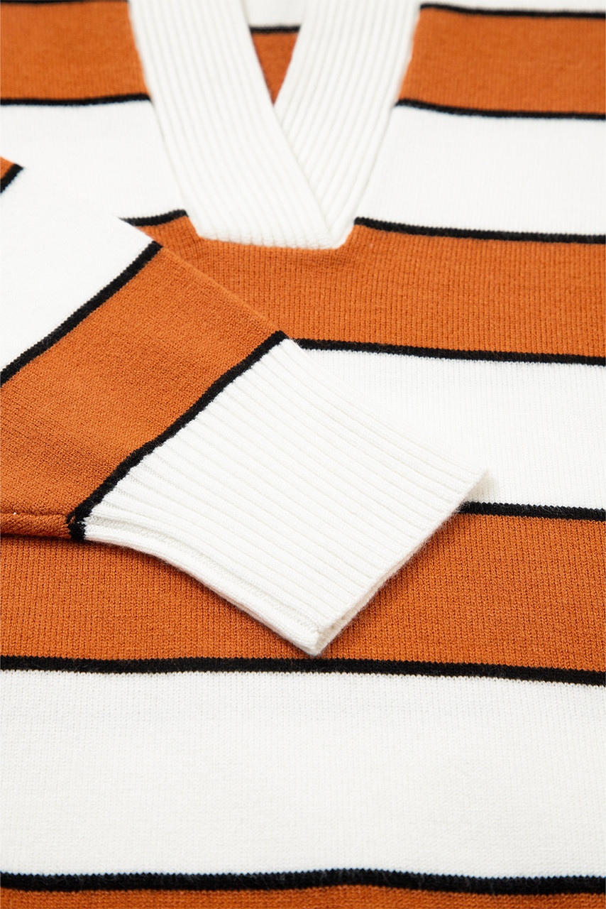 Brown Stripe Ribbed Polo Collar Drop Shoulder Sweater