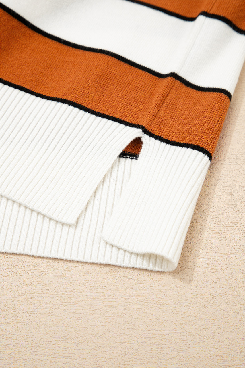Brown Stripe Ribbed Polo Collar Drop Shoulder Sweater