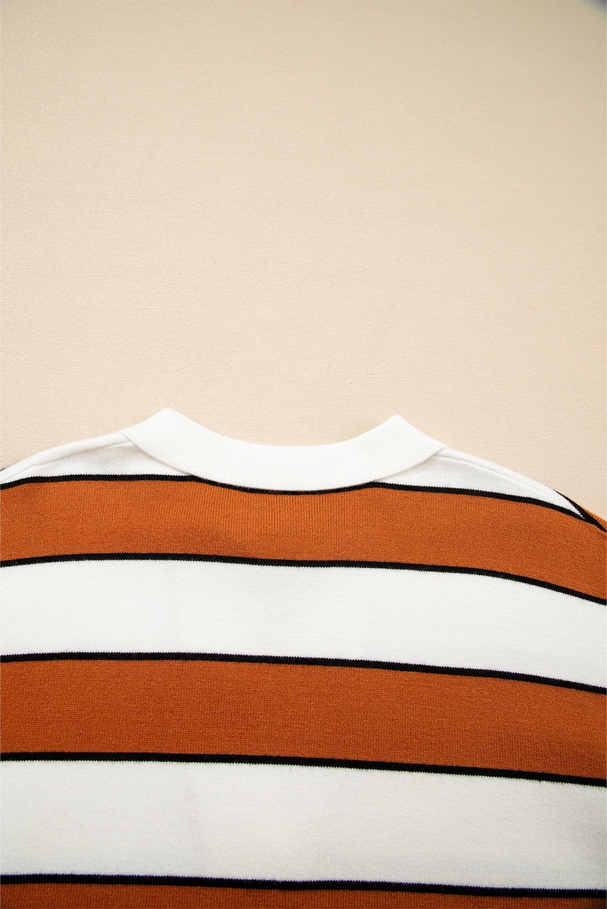 Brown Stripe Ribbed Polo Collar Drop Shoulder Sweater