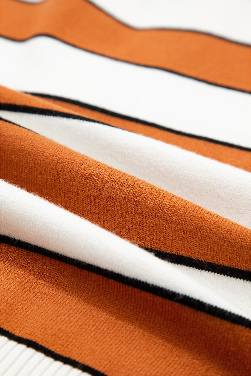 Brown Stripe Ribbed Polo Collar Drop Shoulder Sweater
