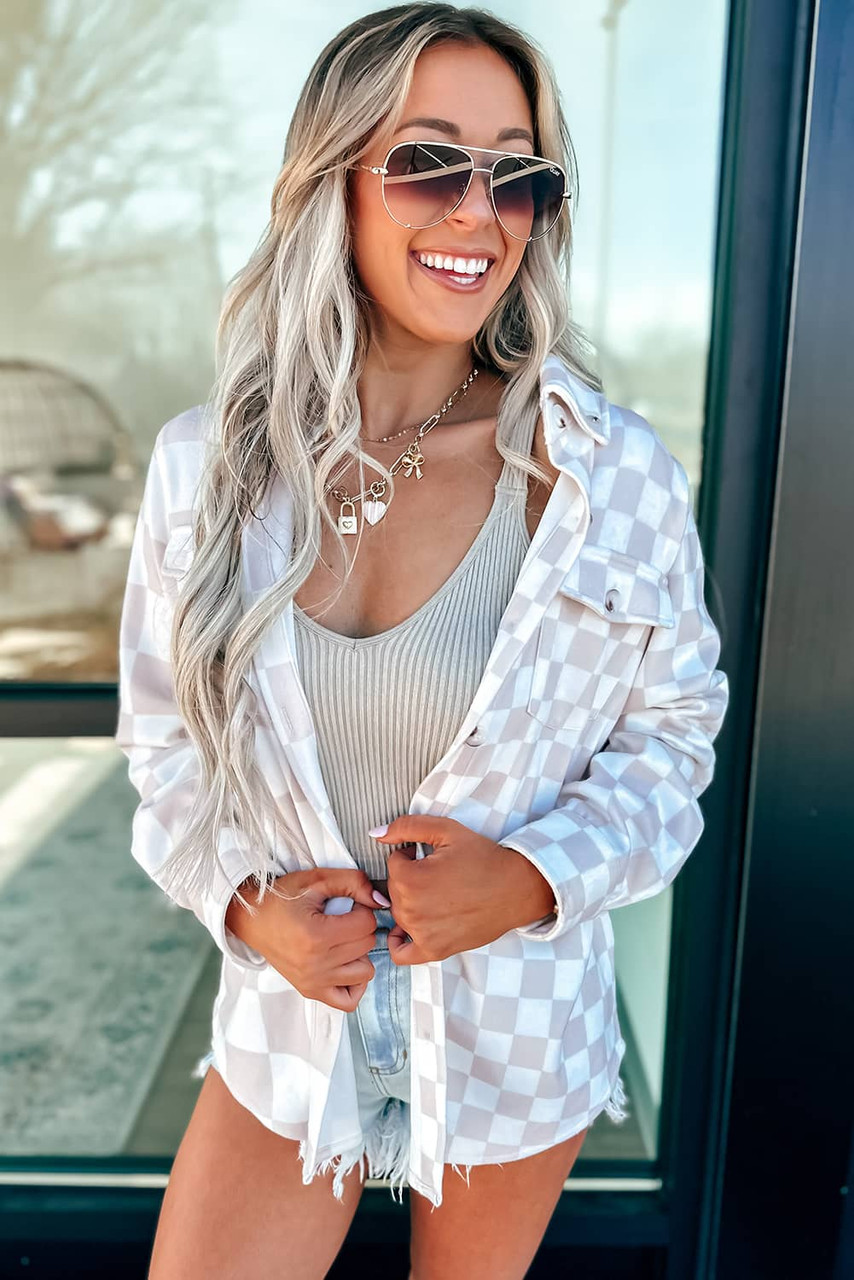 Khaki Checkerboard Flap Pocket Button Front Shacket