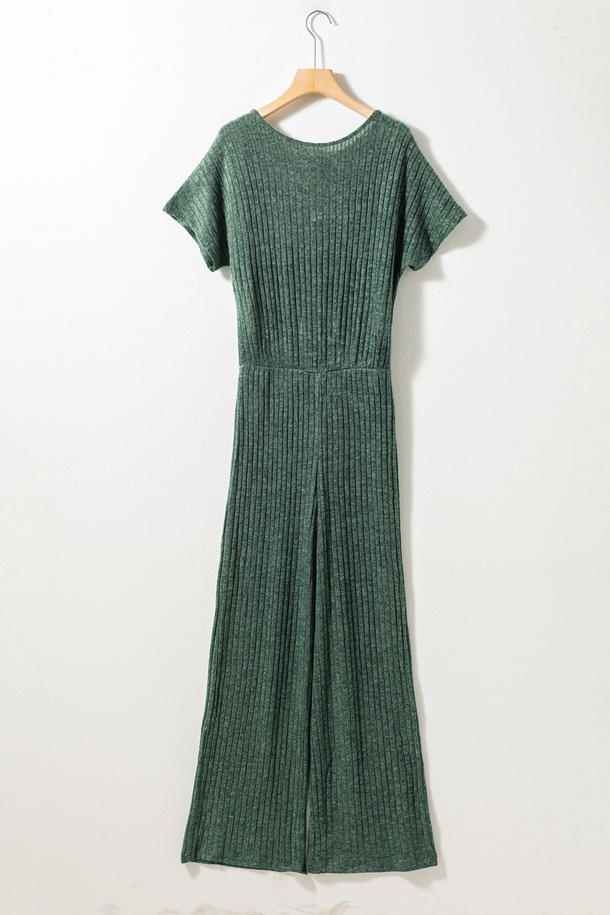Mist Green Ribbed Keyhole Short Sleeve Wide Leg Jumpsuit