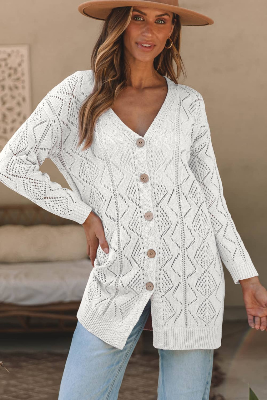 White Hollow-out Openwork Knit Cardigan