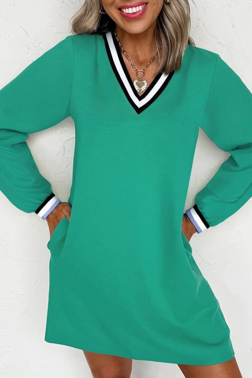 Mint Green Varsity Contrast Striped V Neck Long Sleeve T Shirt Dress with Pockets
