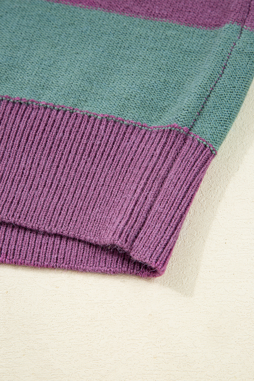 Green Stripe Drop Shoulder Ribbed Edge Casual Sweater