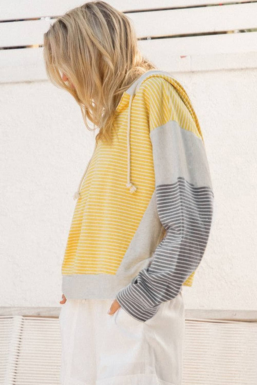 Yellow Stripe Color Block Drawstring V Neck Loose Fit Hooded Top