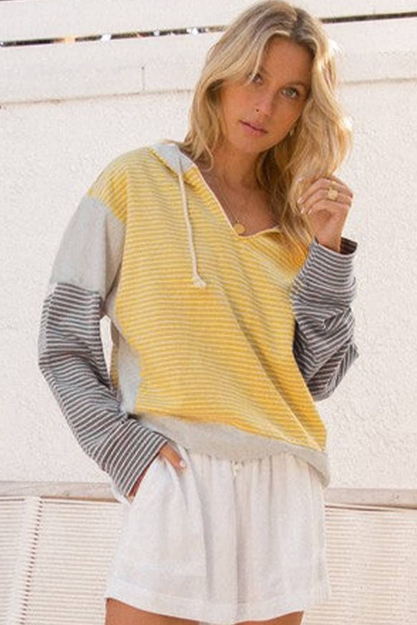 Yellow Stripe Color Block Drawstring V Neck Loose Fit Hooded Top
