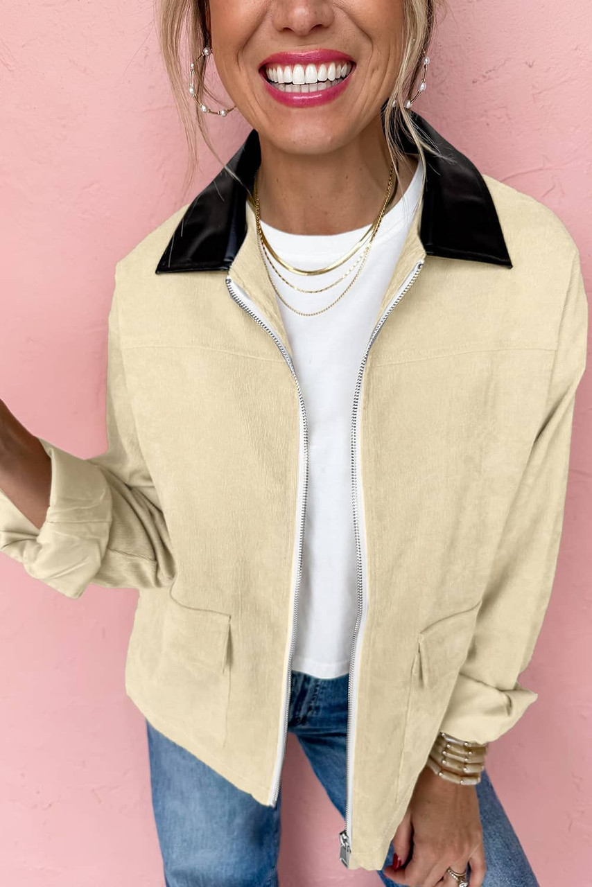 Parchment Contrast Leather Collar Textured Zip Up Jacket