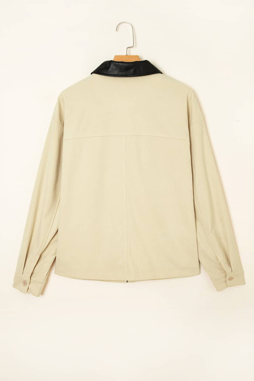 Parchment Contrast Leather Collar Textured Zip Up Jacket