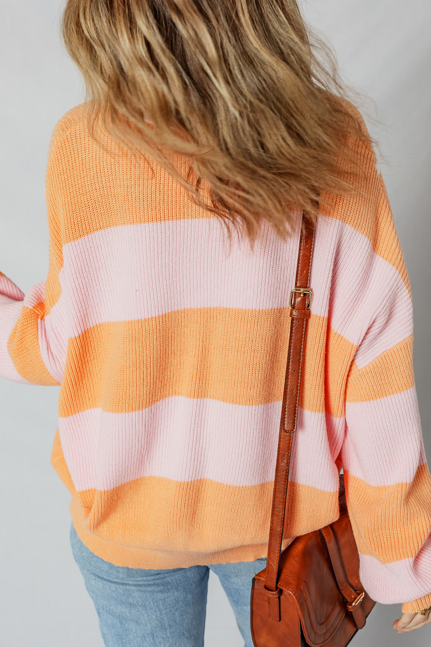 Orange Stripe Colorblock Half Zip Oversize Sweater