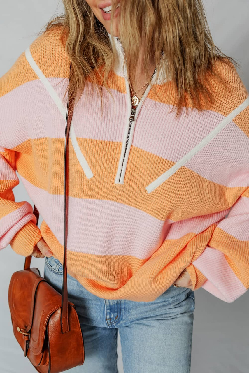 Orange Stripe Colorblock Half Zip Oversize Sweater