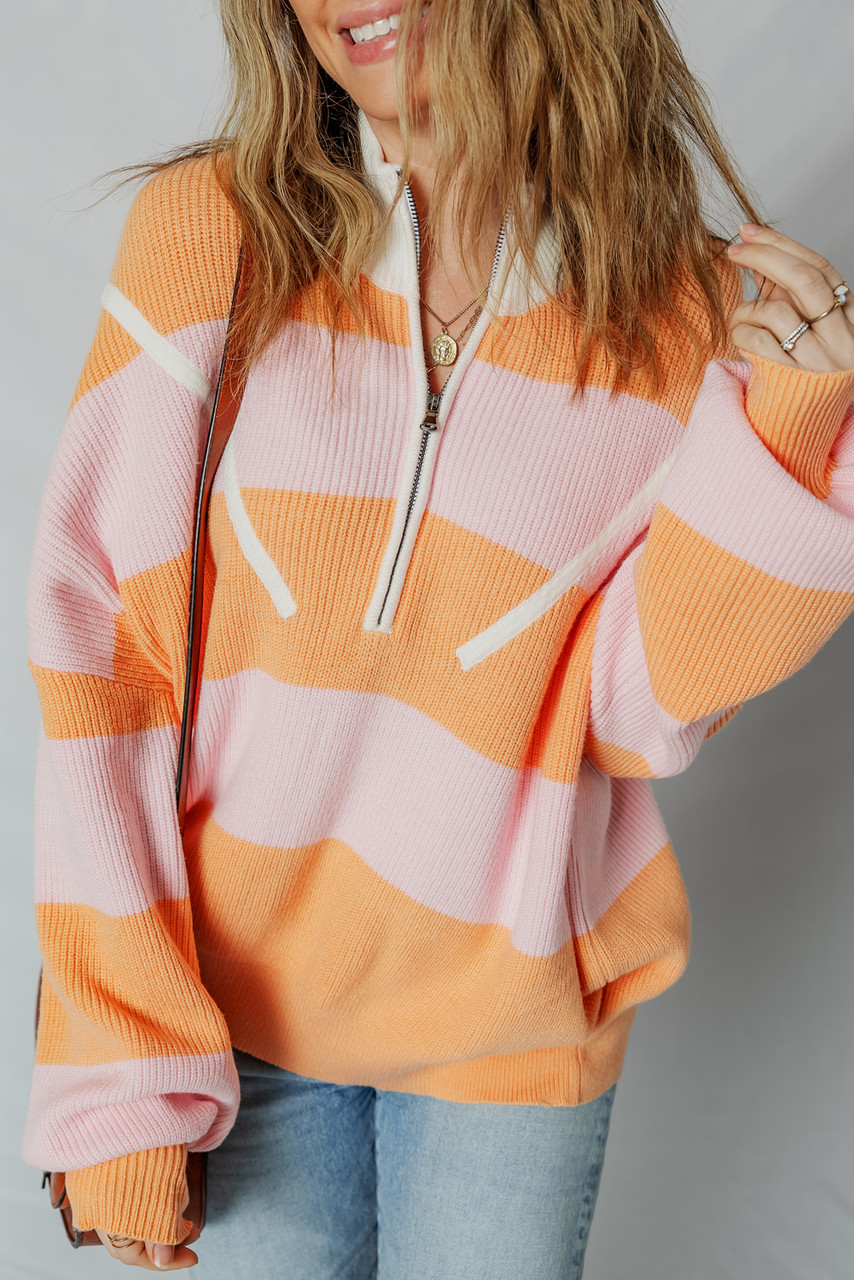 Orange Stripe Colorblock Half Zip Oversize Sweater