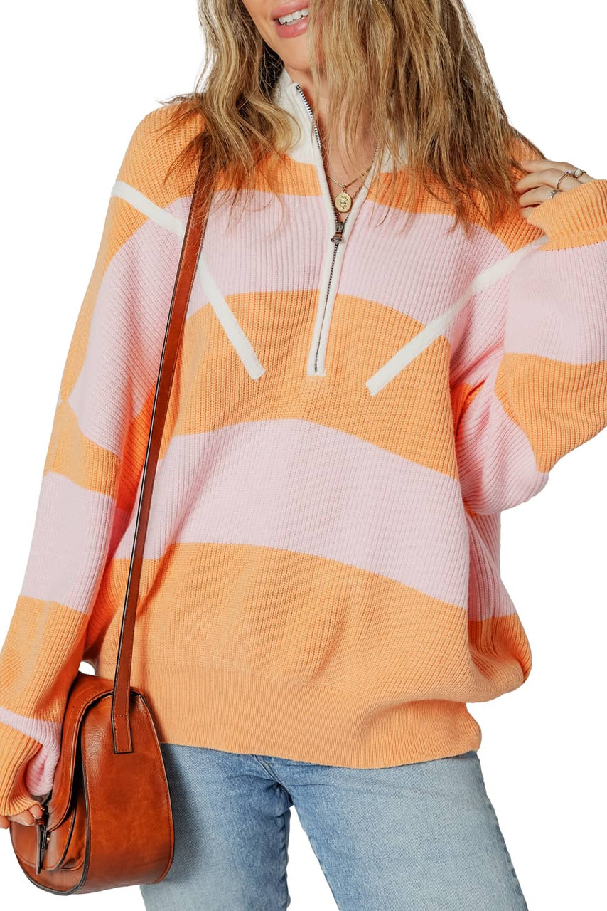 Orange Stripe Colorblock Half Zip Oversize Sweater