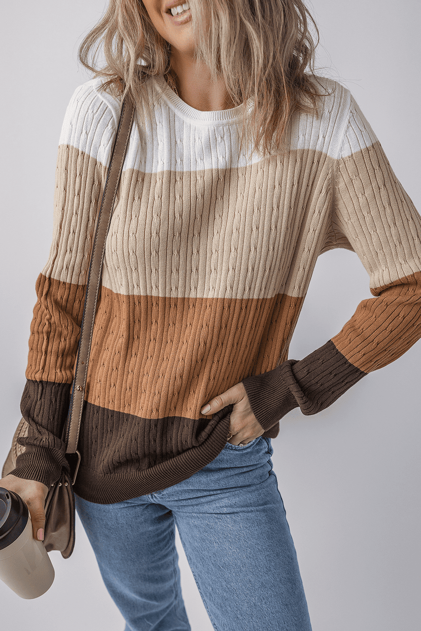 Khaki Colorblock Cable Knit Round Neck Sweater