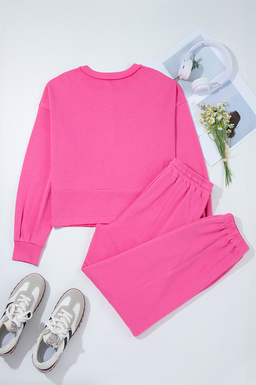 Bright Pink Raw Edge Half Buttons Pullover and Jogger Pants Set