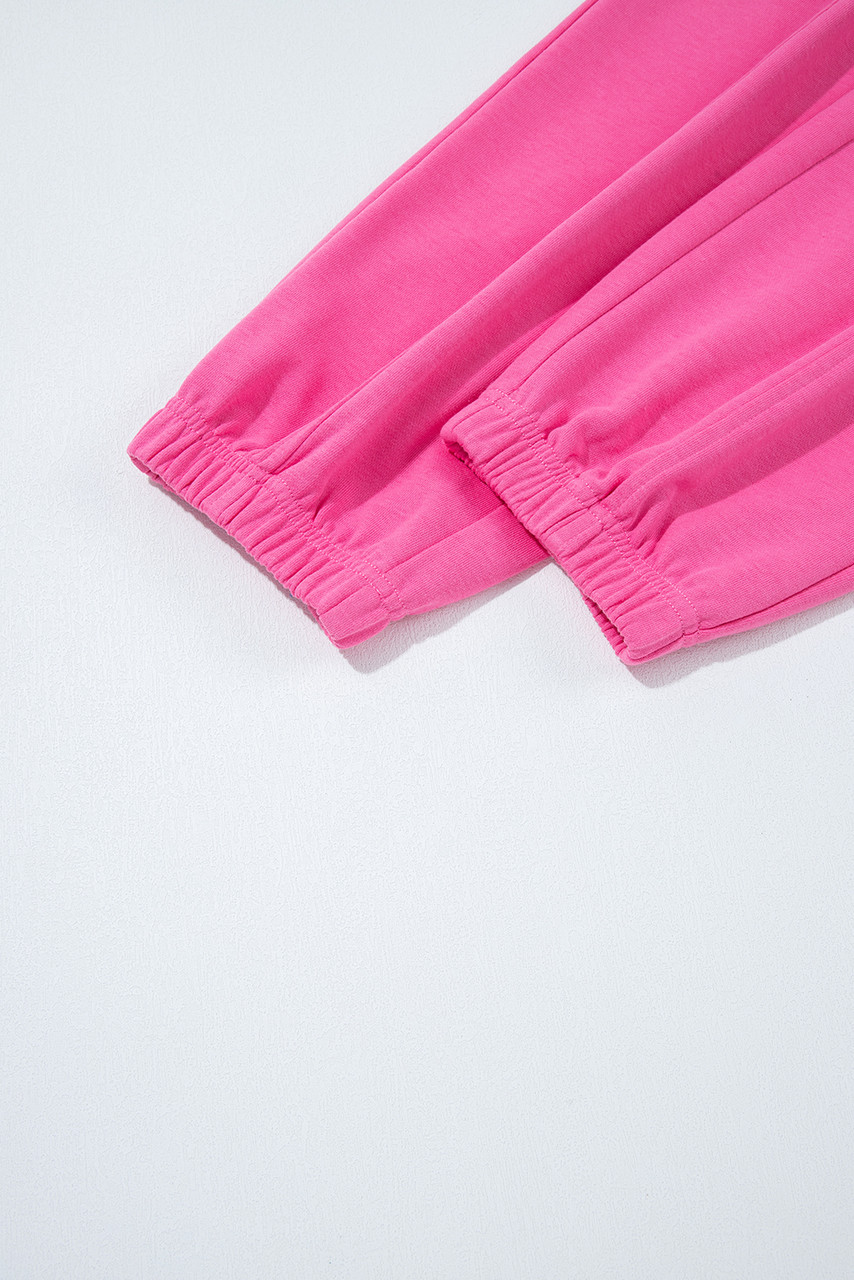 Bright Pink Raw Edge Half Buttons Pullover and Jogger Pants Set