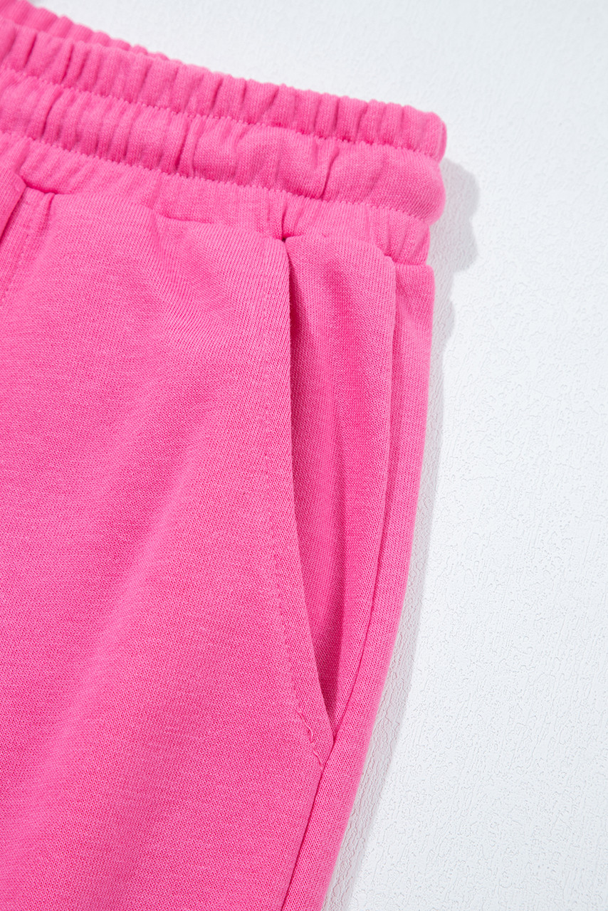 Bright Pink Raw Edge Half Buttons Pullover and Jogger Pants Set
