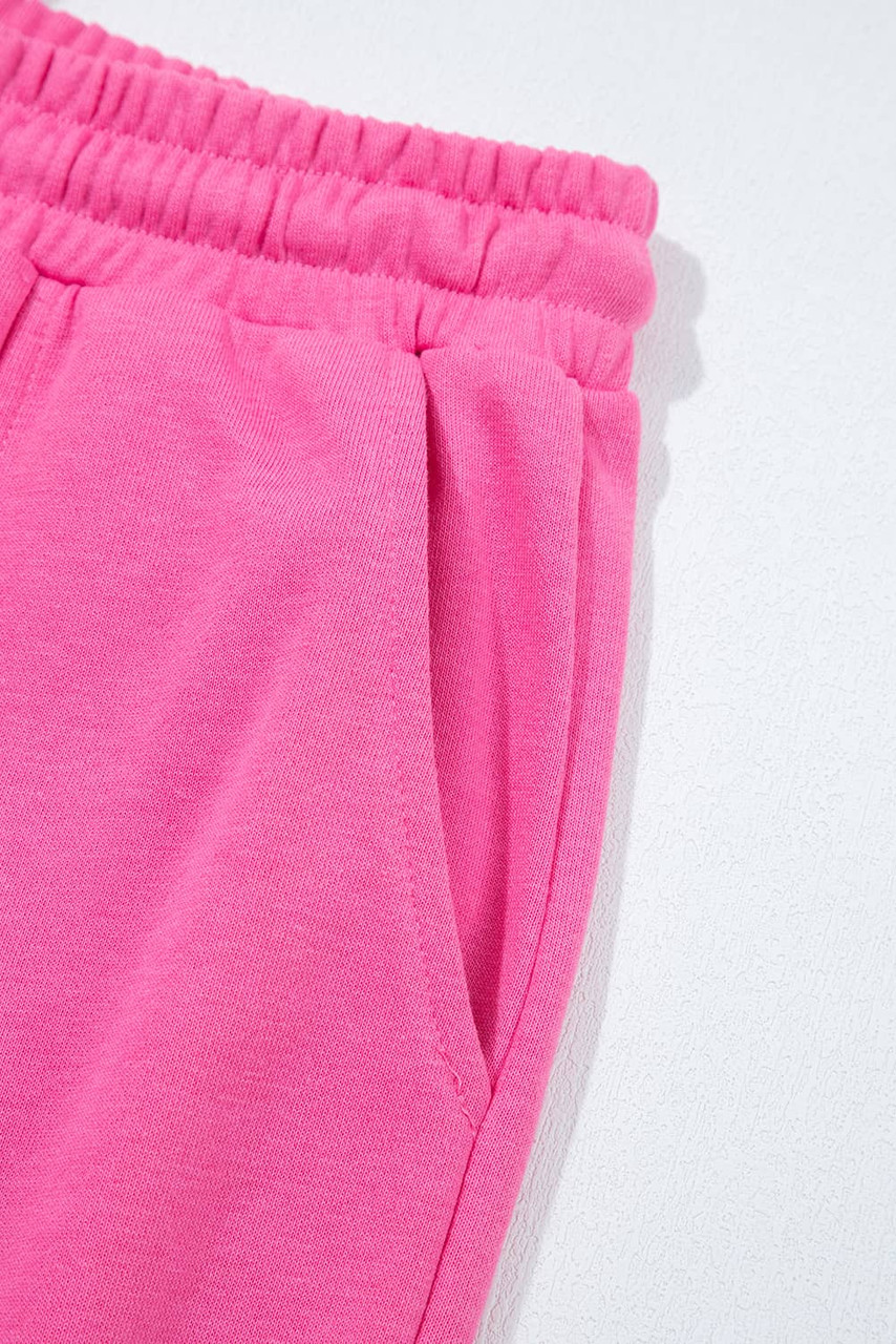 Bright Pink Raw Edge Half Buttons Pullover and Jogger Pants Set