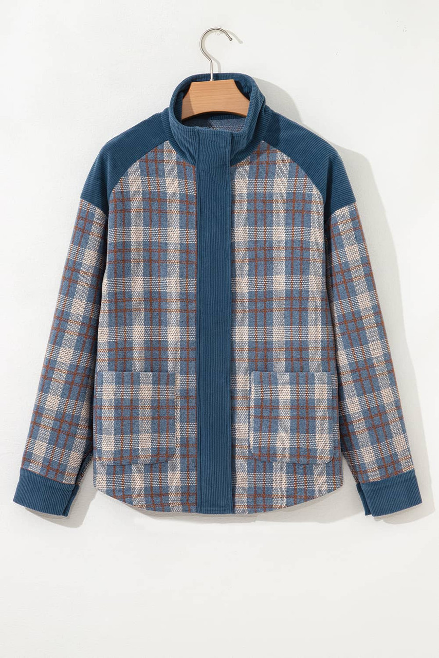 Gray Plaid Corduroy Patchwork Collared Zip Up Snap Button Jacket