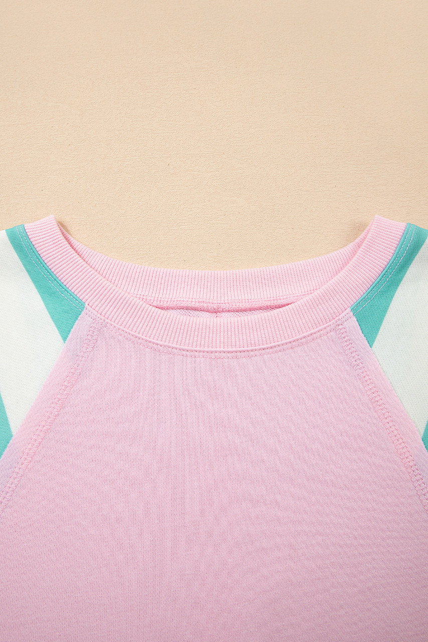 Bonbon Striped Colorblock Patchwork Raglan Pullover Top with Slits