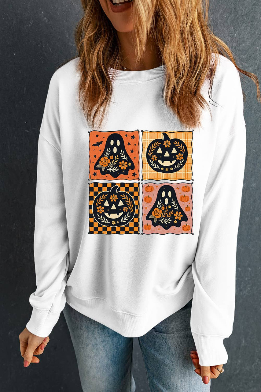 White Halloween Ghost Pumpkin Face Floral Checkered Graphic Sweatshirt